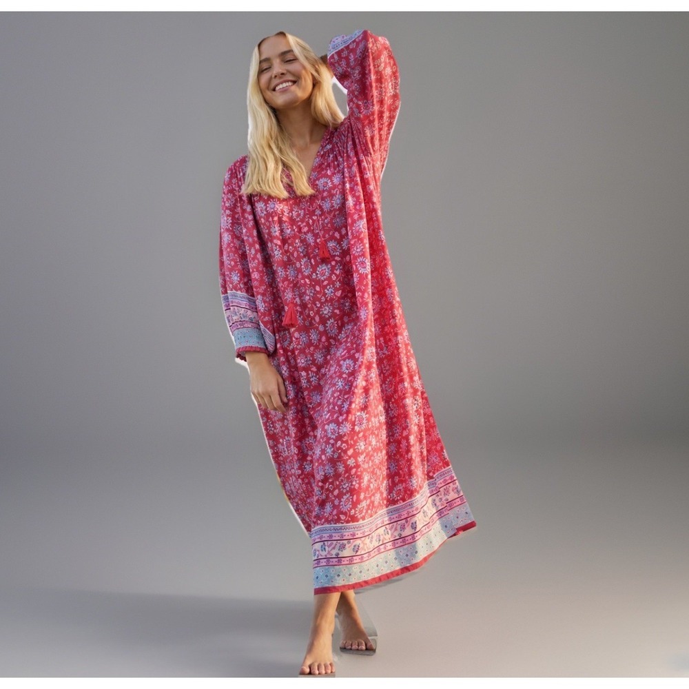 Natural Life Dara Floral Maxi Kaftan Dress Boho Tassel Pink Rayon M Oversized